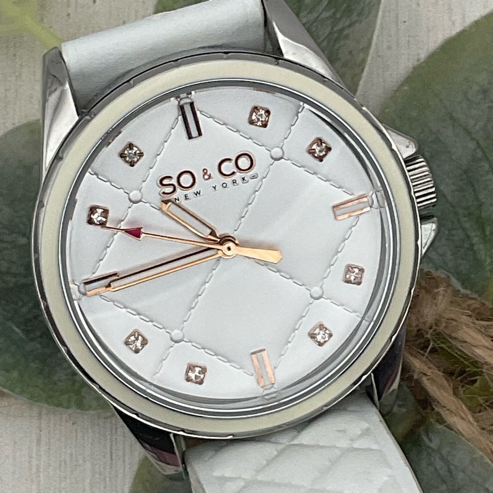 SO &‎ CO New York Women’s Silver and White Quilted Watch W/ Rhinestones Beauty